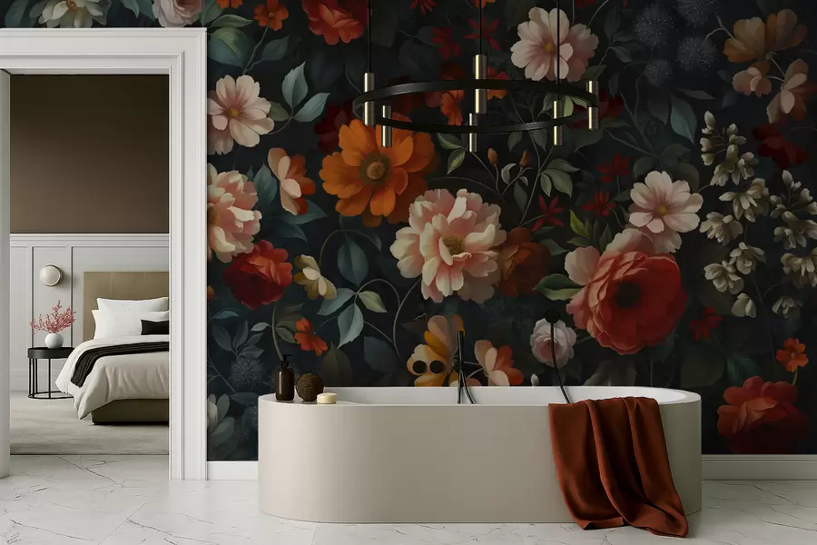 Carta da parati Floreale Motivo floreale scuro con rigogliosi fiori da giardino n. w05087