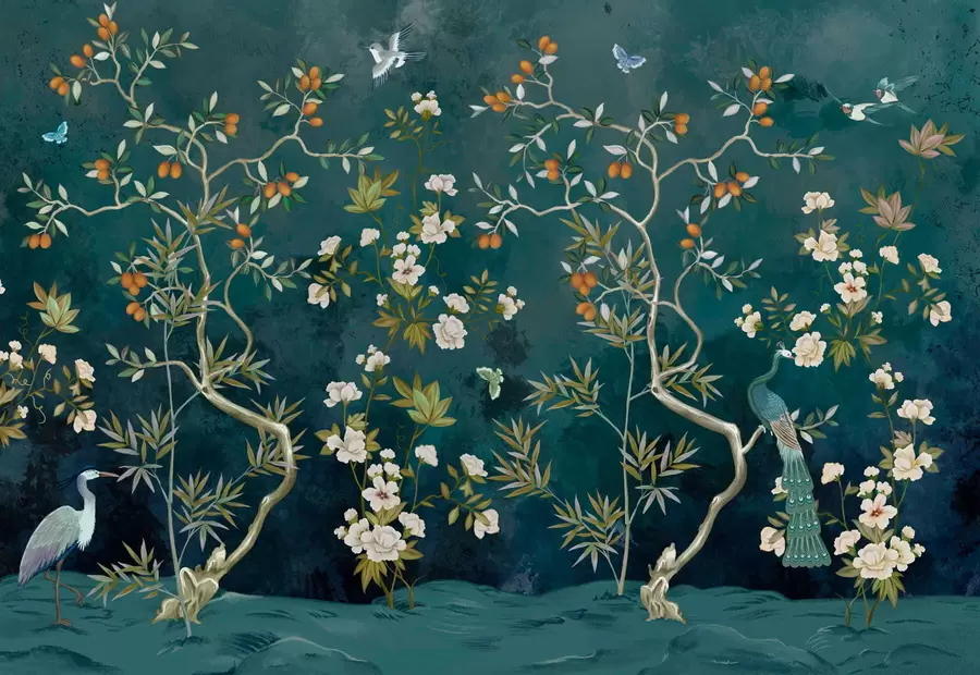 Carta da parati Floreale Scena decorativa con alberi, fiori e uccelli su sfondo scuro n. w05004