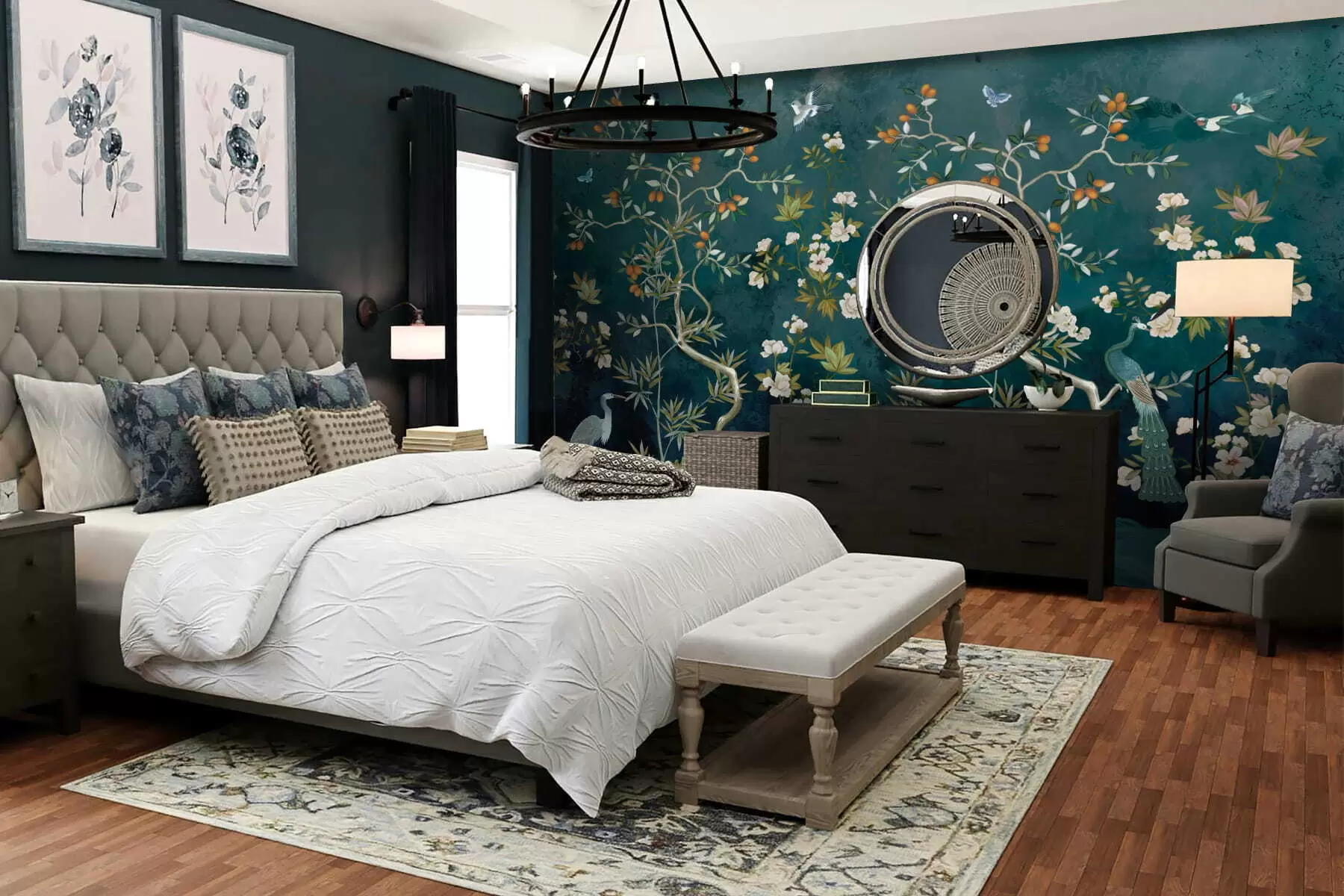 Carta da parati Floreale Scena decorativa con alberi, fiori e uccelli su sfondo scuro n. w05004