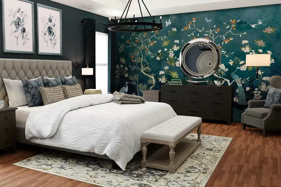 Carta da parati Floreale Scena decorativa con alberi, fiori e uccelli su sfondo scuro n. w05004