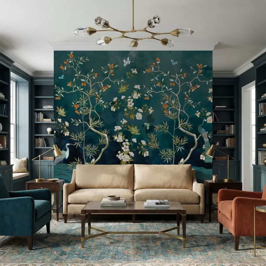 Carta da parati Floreale Scena decorativa con alberi, fiori e uccelli su sfondo scuro n. w05004