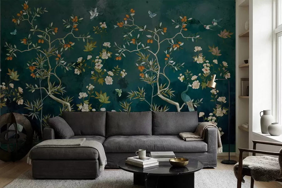 Carta da parati Floreale Scena decorativa con alberi, fiori e uccelli su sfondo scuro n. w05004