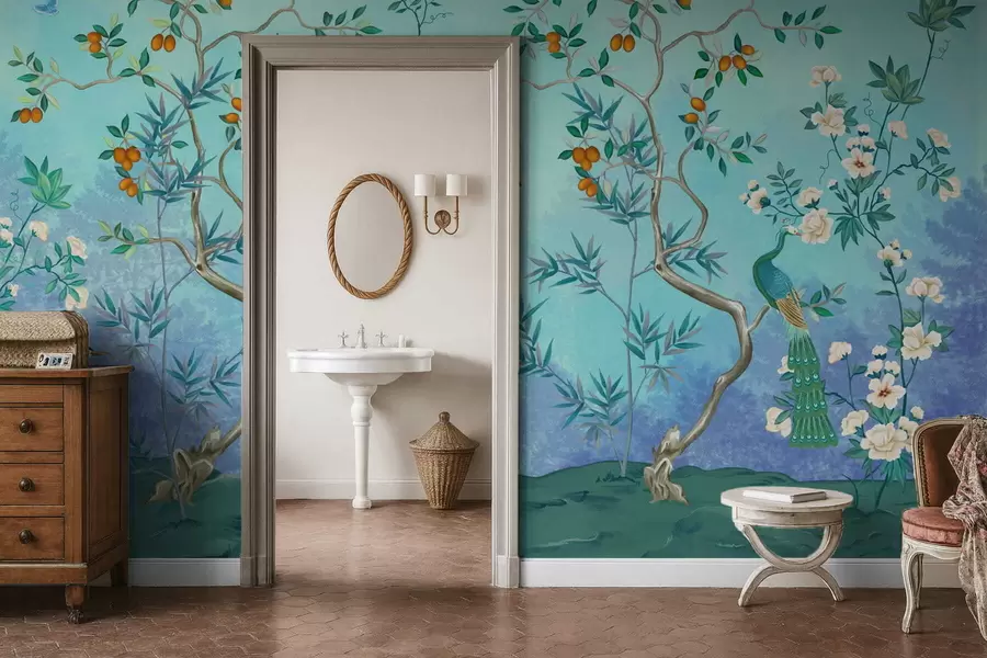 Carta da parati Floreale Scena con alberi, fiori e uccelli, sfondo blu n. w05004v2