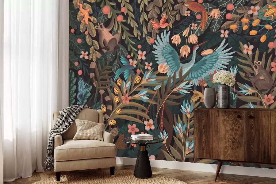 carta da parati Scena fantastica con uccelli e animali tra le piante nr. w05024