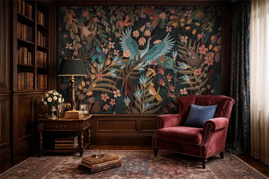 carta da parati Scena fantastica con uccelli e animali tra le piante nr. w05024