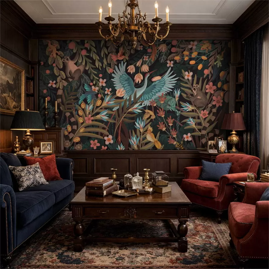 carta da parati Scena fantastica con uccelli e animali tra le piante nr. w05024