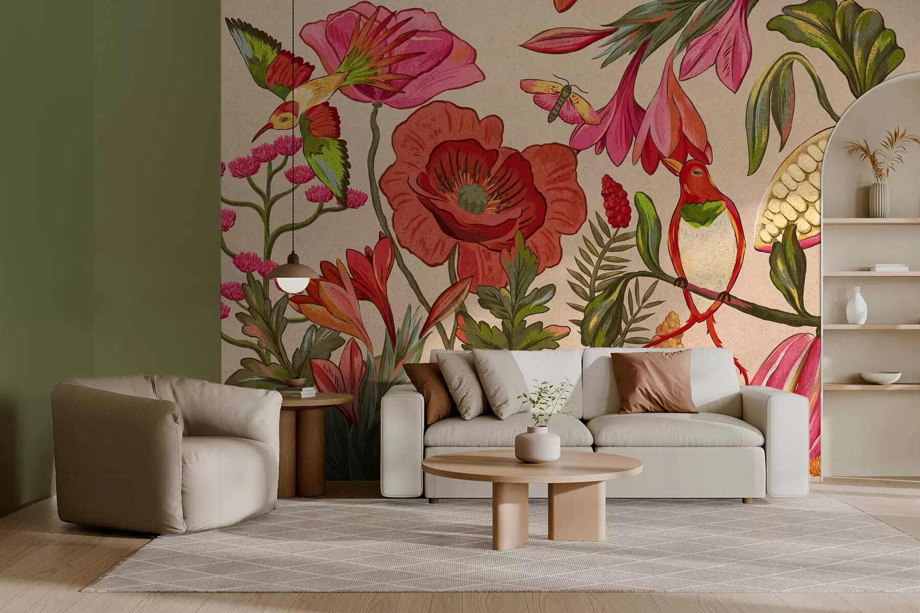 Carta da parati nature Fiori e uccelli decorativi su sfondo beige 