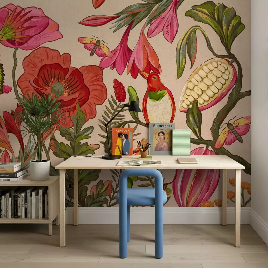 Carta da parati nature Fiori e uccelli decorativi su sfondo beige 