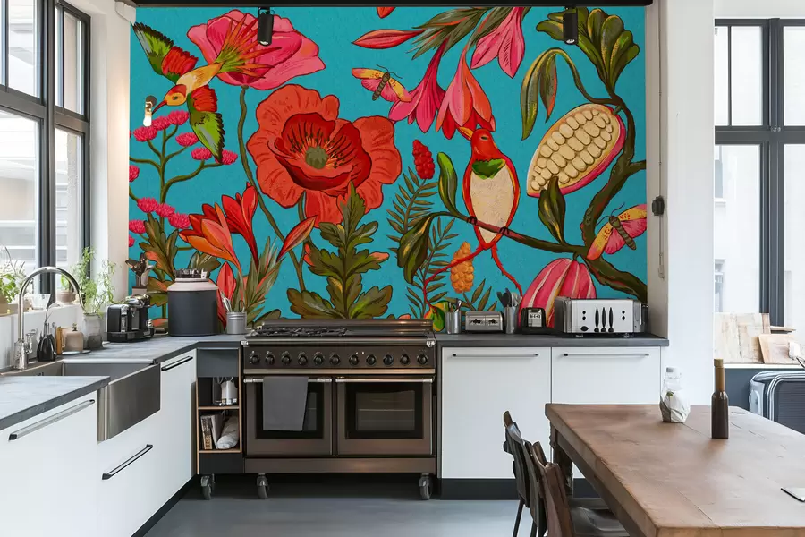 Carta da parati nature Fiori e uccelli decorativi su sfondo blu 