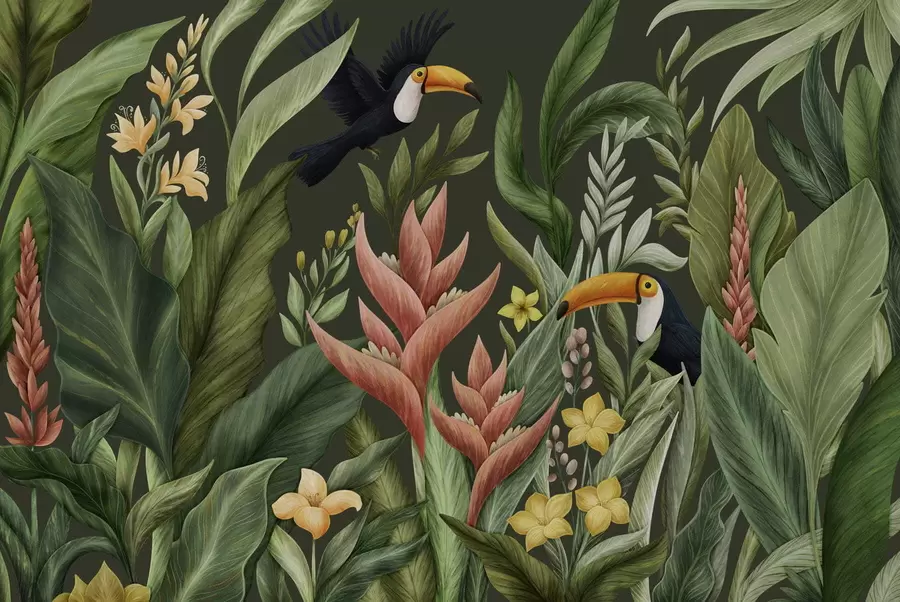 Carta da parati nature Fogliame tropicale e uccelli dal becco grande su sfondo scuro 