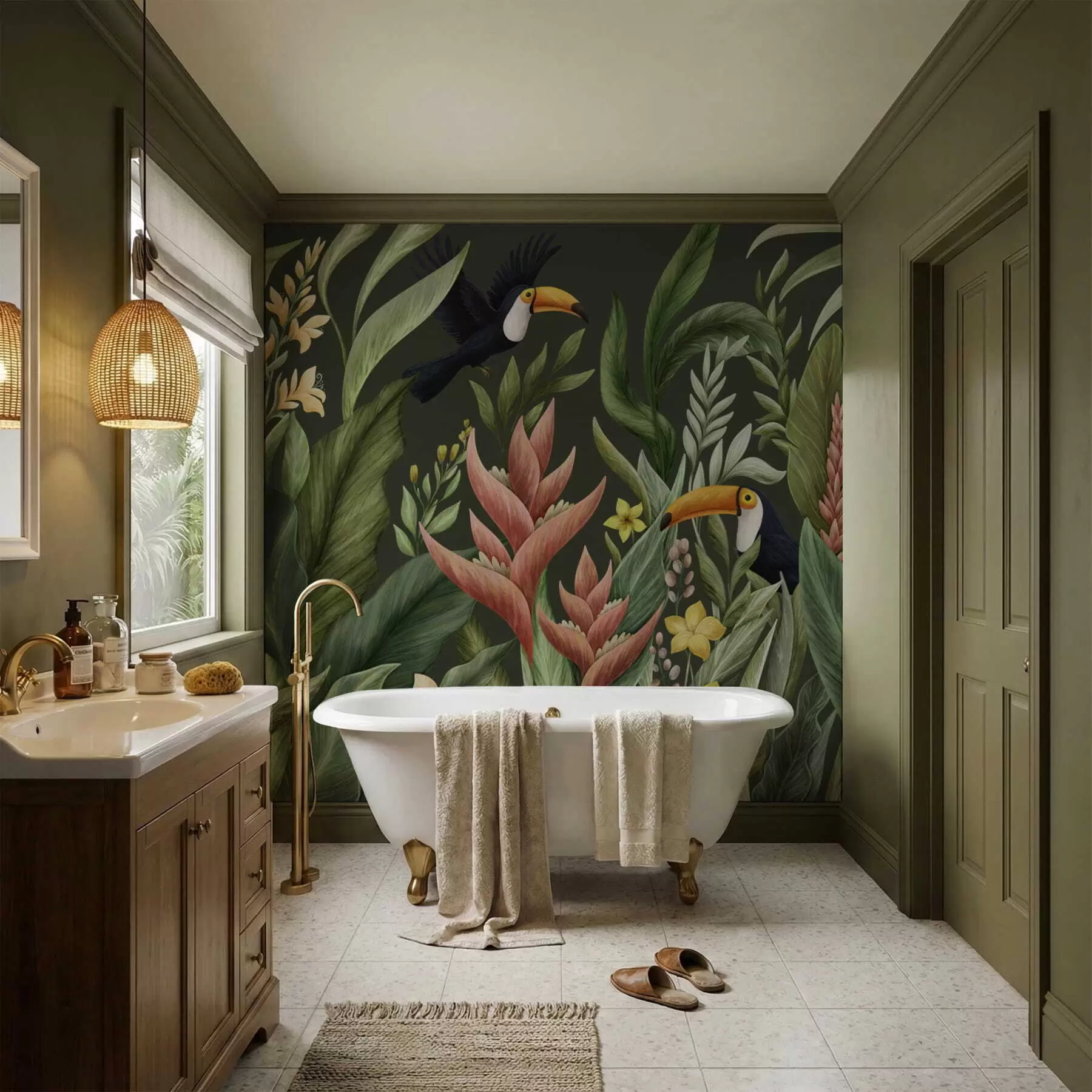 Carta da parati nature Fogliame tropicale e uccelli dal becco grande su sfondo scuro 