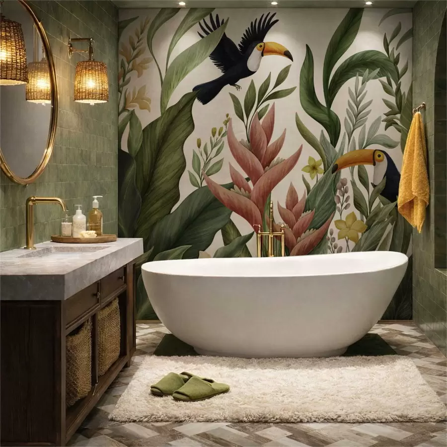 Carta da parati nature Piante tropicali e uccelli dal becco grande su sfondo chiaro 