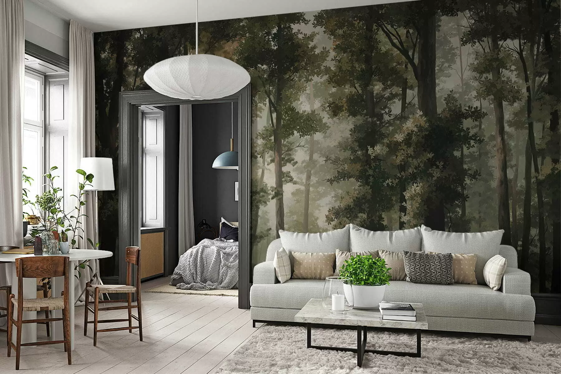 Carta da parati nature Illustrazione di una foresta con nebbia, alberi ad alto fusto e un sentiero 
