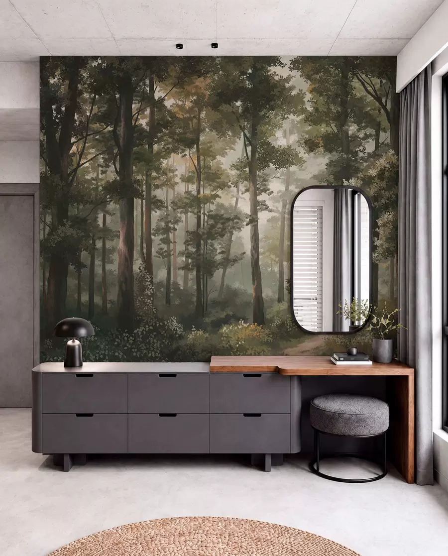 Carta da parati nature Illustrazione di una foresta con nebbia, alberi ad alto fusto e un sentiero 