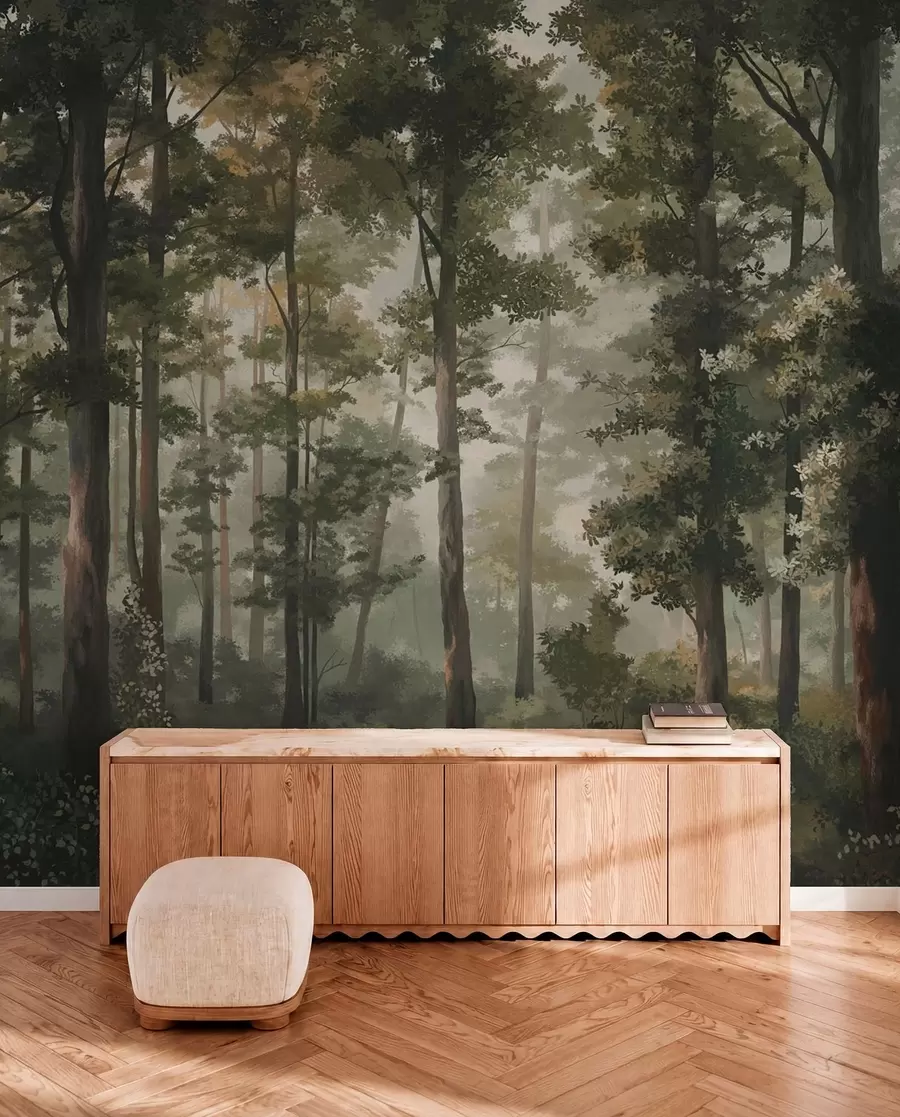 Carta da parati nature Illustrazione di una foresta con nebbia, alberi ad alto fusto e un sentiero 