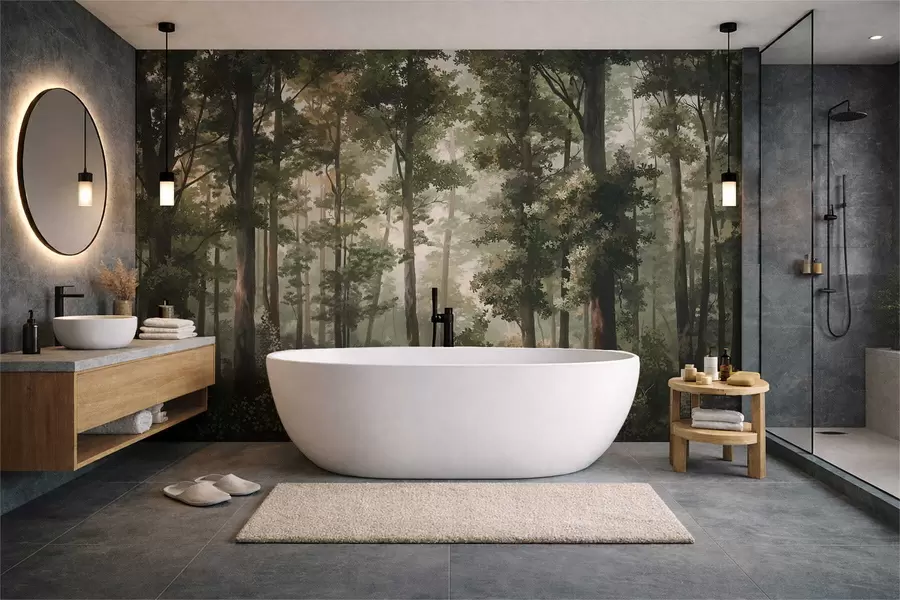 Carta da parati nature Illustrazione di una foresta con nebbia, alberi ad alto fusto e un sentiero 