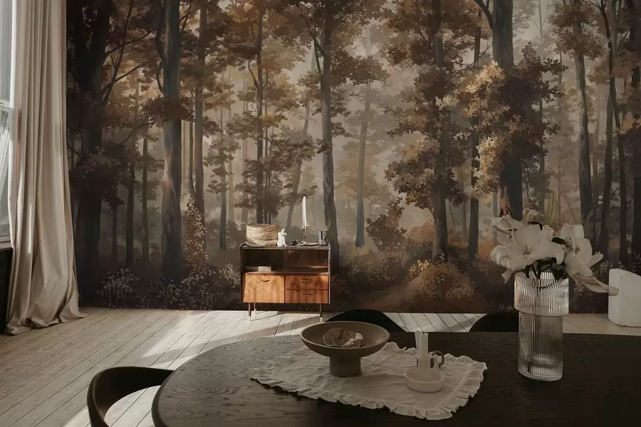 Carta da parati nature Scena autunnale nella foresta con luce calda e alberi fitti 