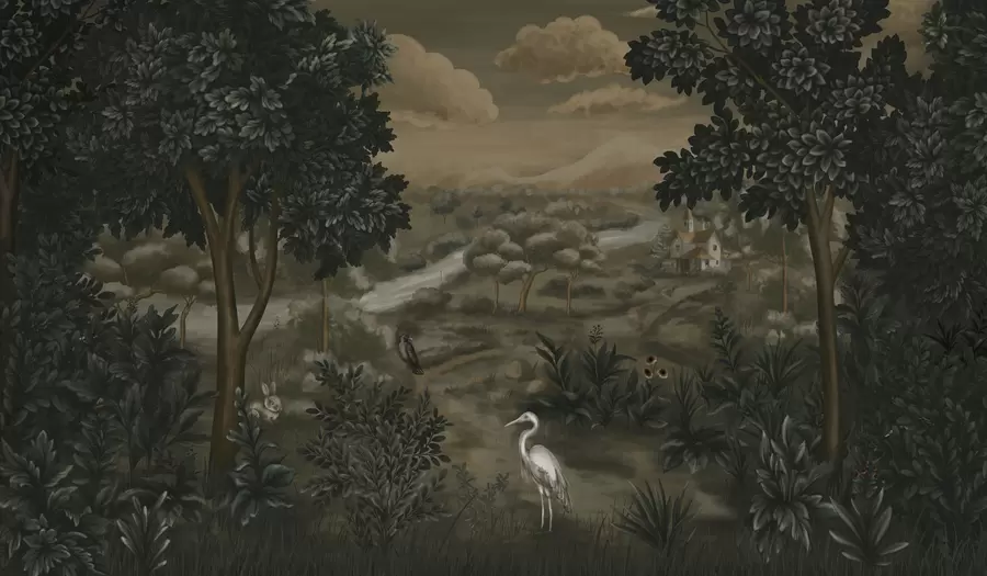 Carta da parati nature Paesaggio fantastico con fiume, casa e uccelli tra gli alberi 