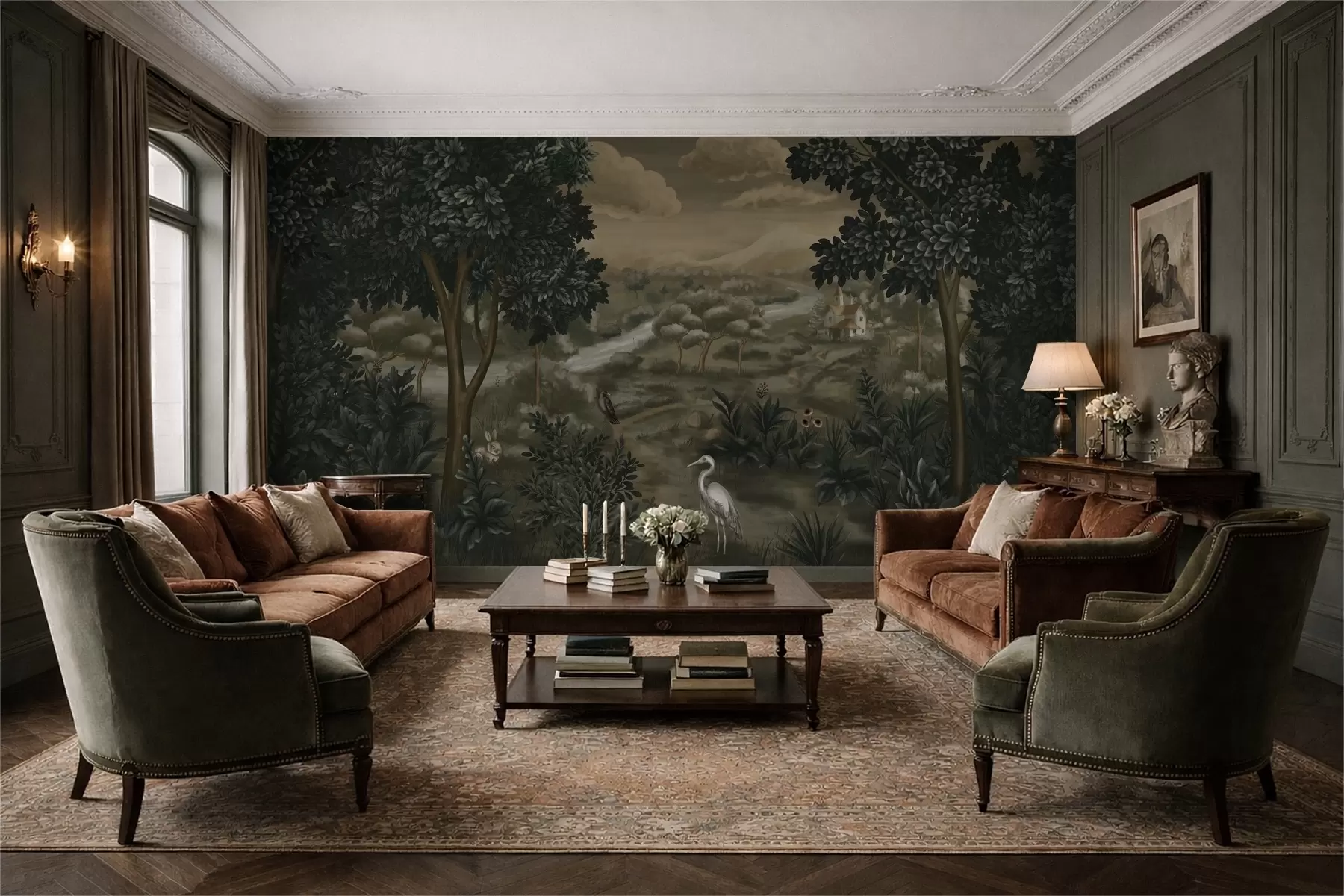 Carta da parati nature Paesaggio fantastico con fiume, casa e uccelli tra gli alberi 