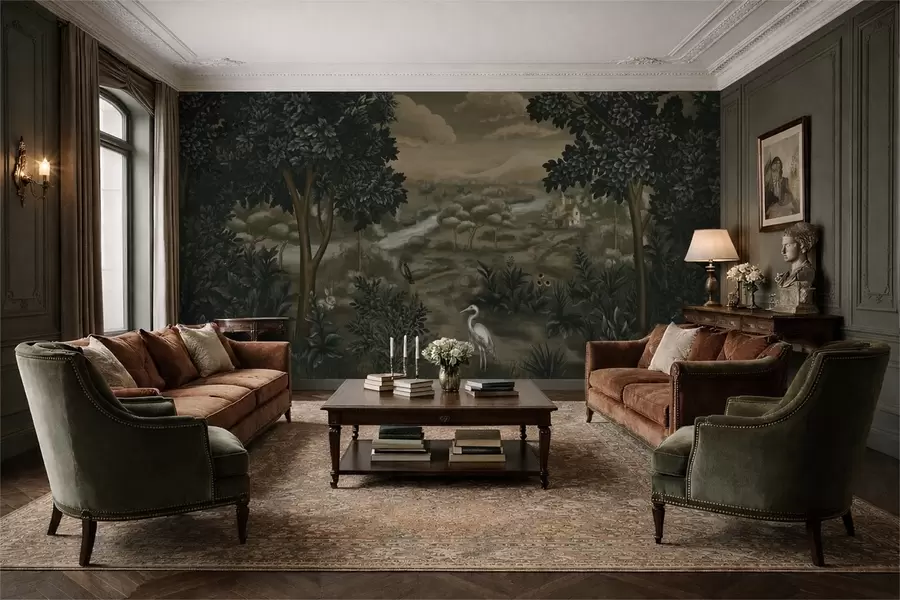 Carta da parati nature Paesaggio fantastico con fiume, casa e uccelli tra gli alberi 