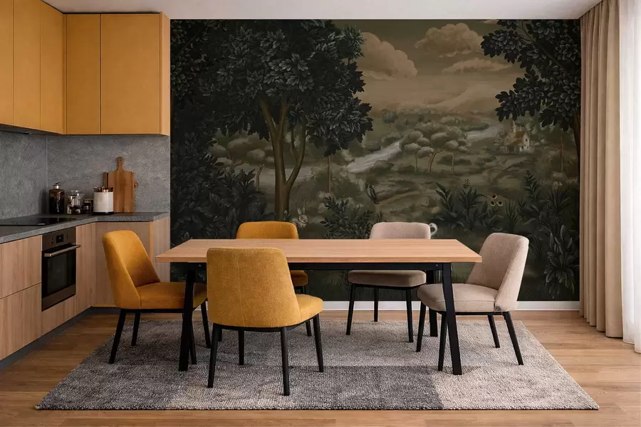 Carta da parati nature Paesaggio fantastico con fiume, casa e uccelli tra gli alberi 