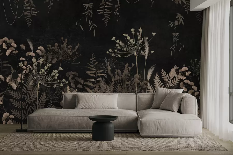 carta da parati Motivo botanico scuro con fiori e foglie nr. w05092