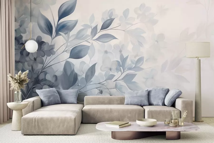 carta da parati Ramo blu e bianco con fiori e foglie che sfumano in uno sfondo chiaro in stile acquerello nr. w09543