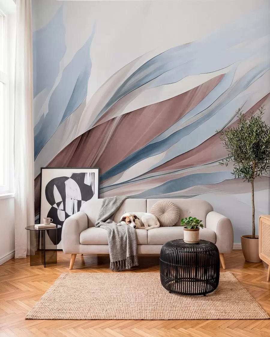 carta da parati Astratto: onde fluide blu e marroni, con forme e linee sottili, su sfondo bianco, arte materica nr. w09585v1