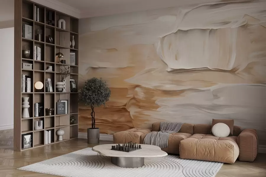 carta da parati Imitazione di pennellate astratte con texture in calde tonalità terrose di beige, crema e marrone, arte moderna nr. w09588