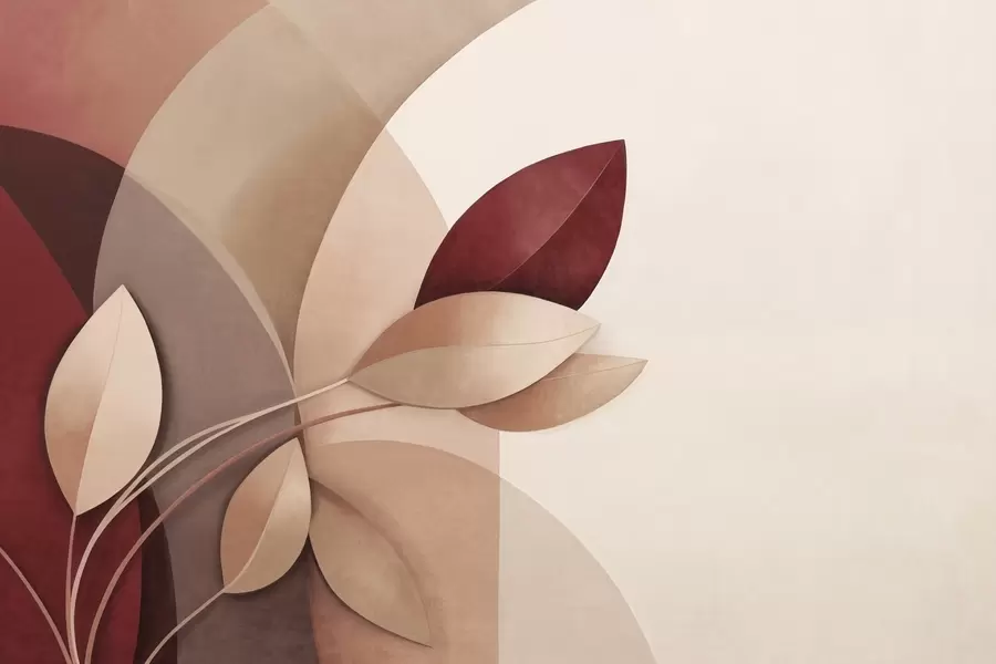 carta da parati Ramo astratto con foglie nei toni del marrone, beige e rosso, su uno sfondo di forme astratte nr. w09618