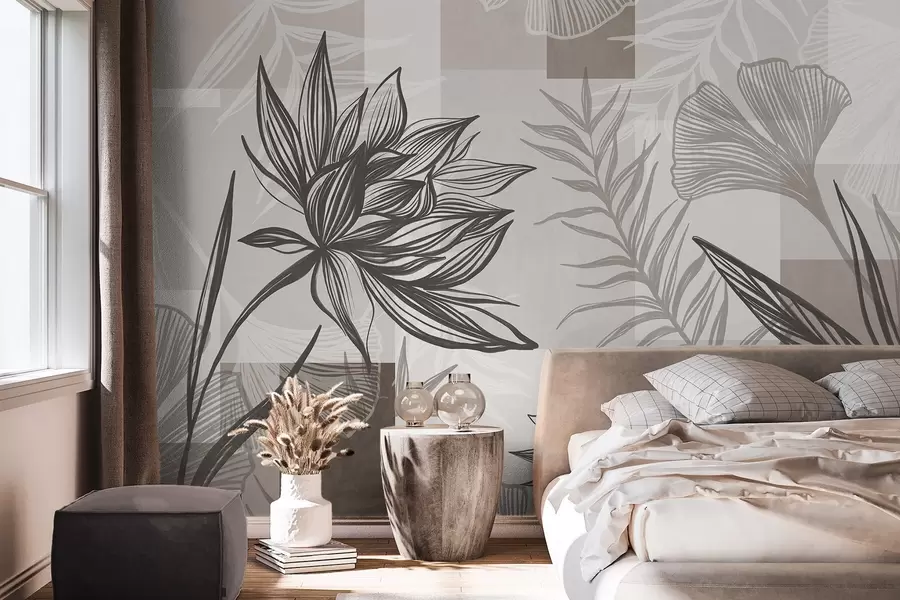 carta da parati Fiori e foglie stilizzati con texture nei toni del marrone e del beige, su sfondo geometrico, disegno al tratto nr. w09629