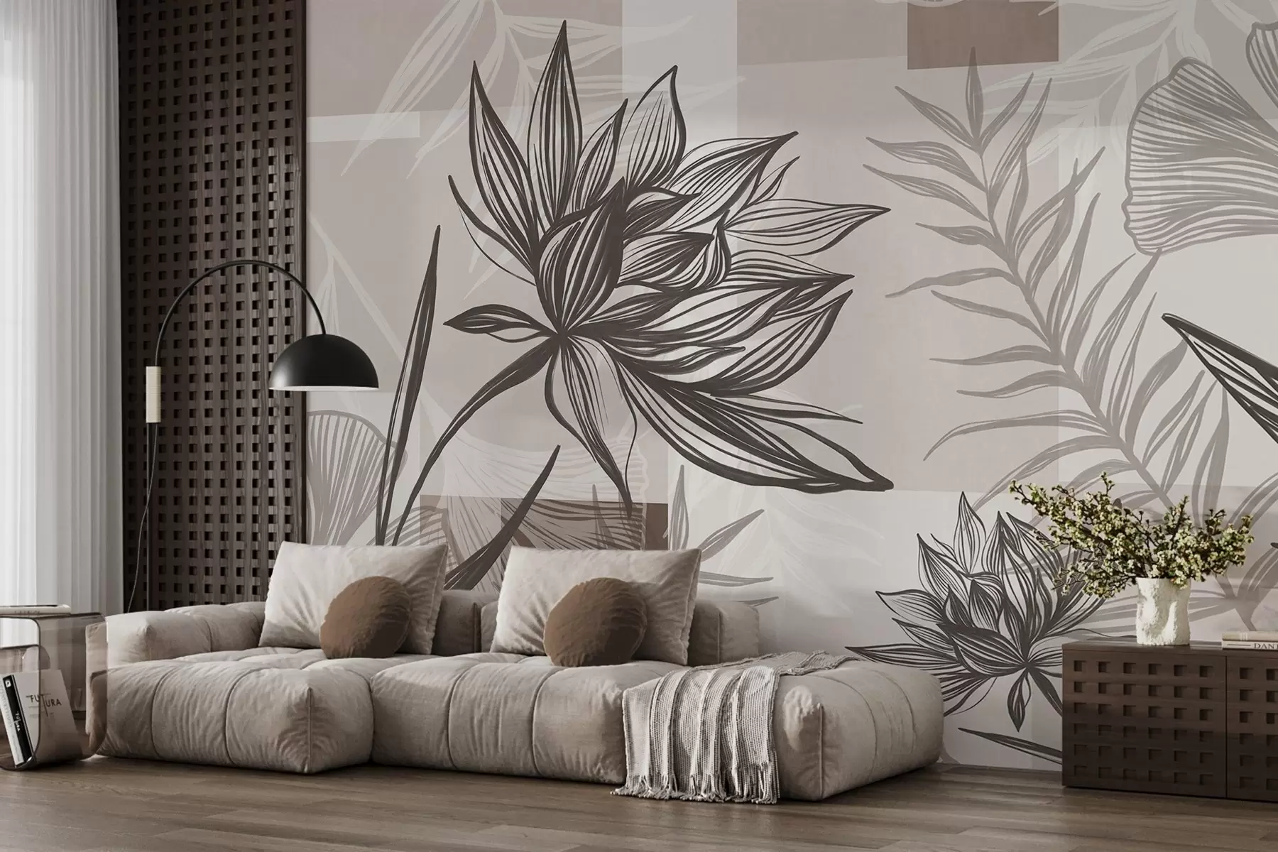 carta da parati Fiori e foglie stilizzati con texture nei toni del marrone e del beige, su sfondo geometrico, disegno al tratto nr. w09629