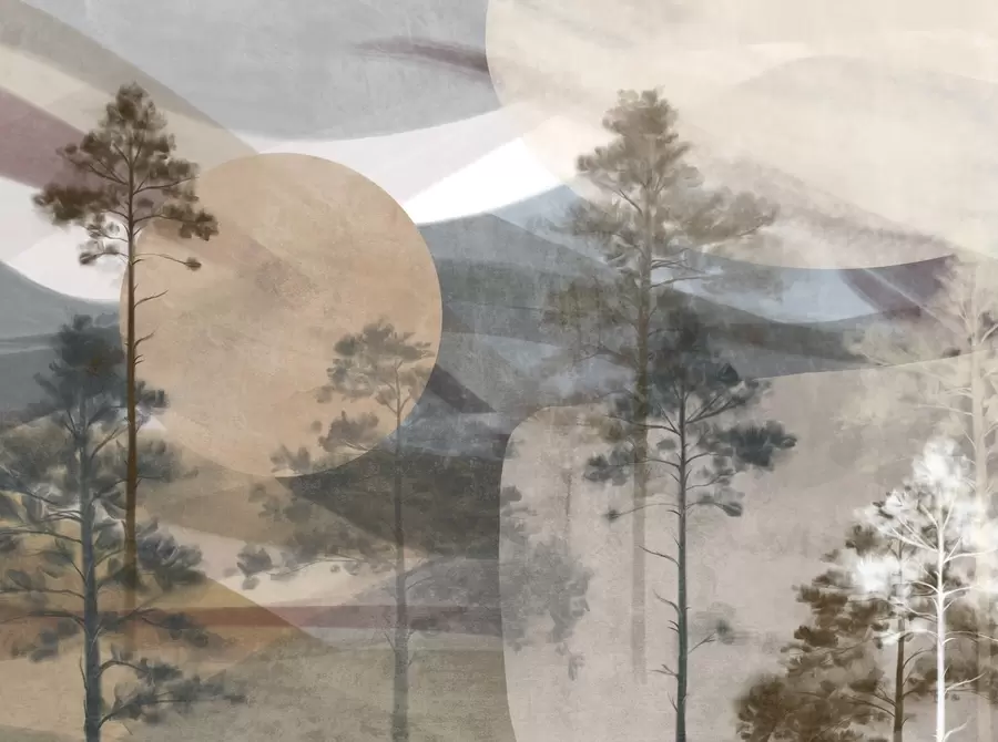 Carta da parati nature Alti pini in un paesaggio dai toni tenui con forme circolari astratte e montagne stratificate dai toni terrosi. 