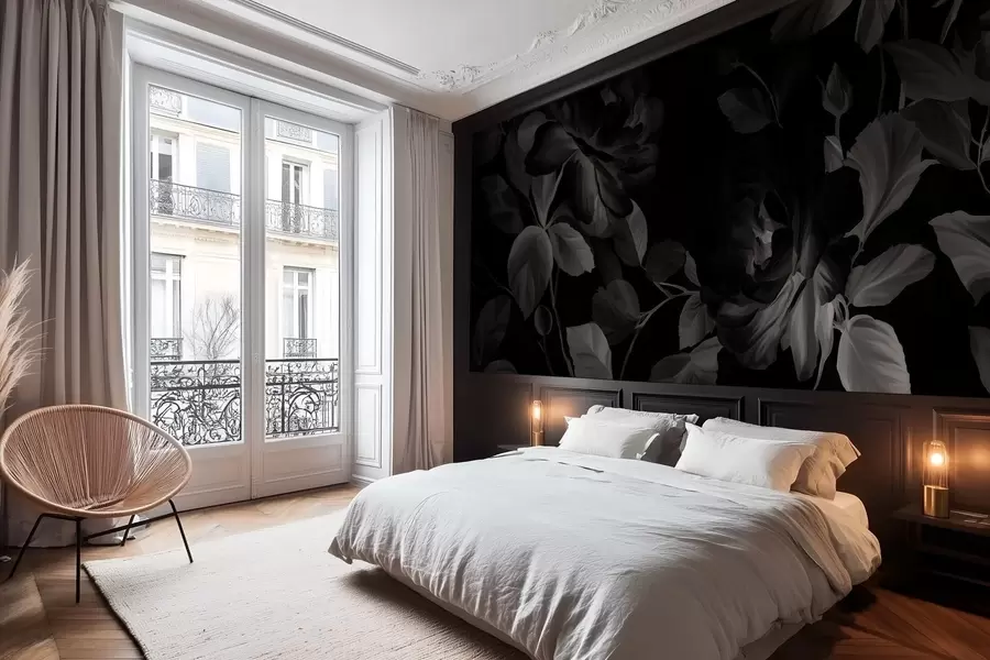 Carta da parati Floreale rose pittoresche in bianco e nero nello stile della pittura a olio  n. w04873v1