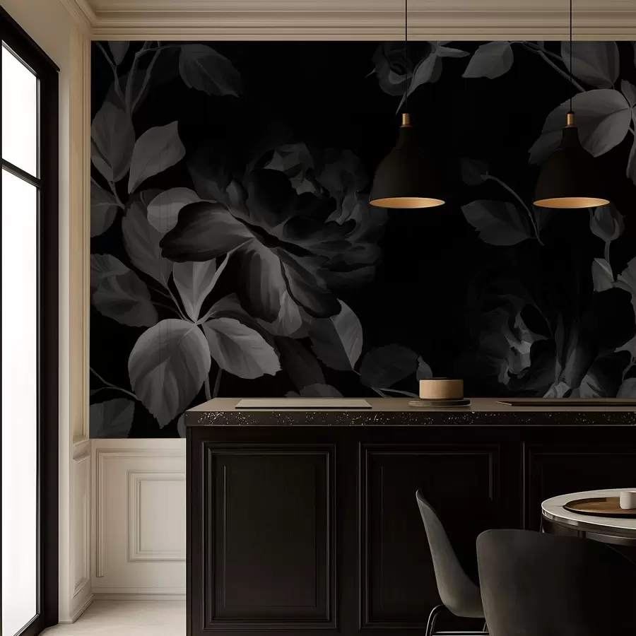 Carta da parati Floreale rose pittoresche in bianco e nero nello stile della pittura a olio  n. w04873v1