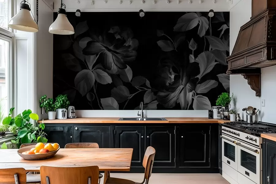 Carta da parati Floreale rose pittoresche in bianco e nero nello stile della pittura a olio  n. w04873v1