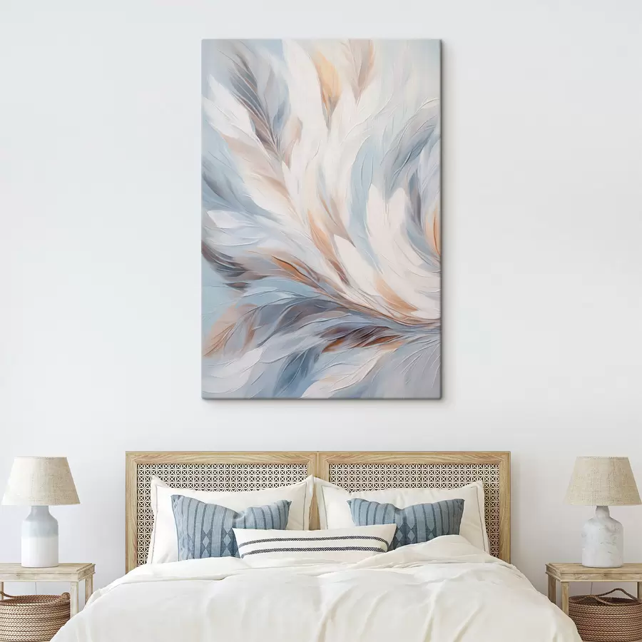 carta da parati Dipinto astratto di piume nei toni del bianco, blu e marrone, con una texture morbida e fluida e uno sfondo chiaro. nr. s47417