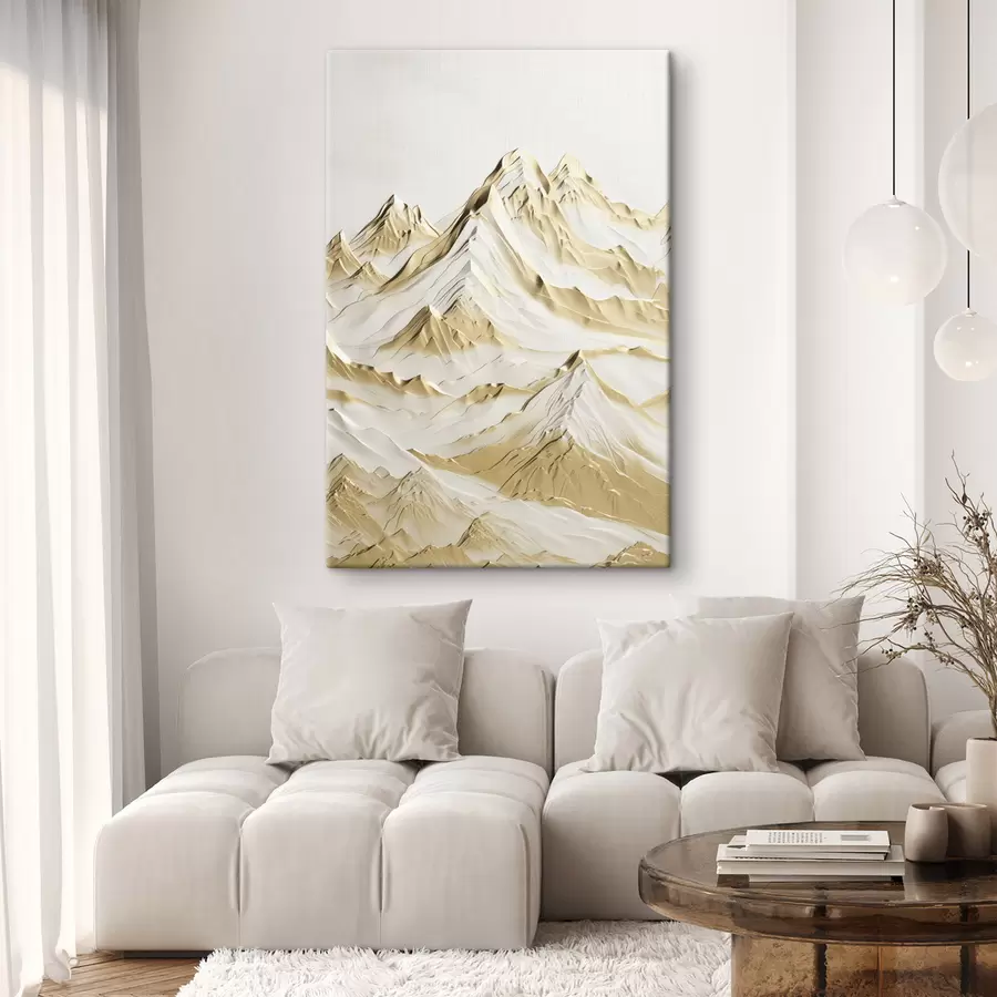 carta da parati Un paesaggio di montagne innevate di colore giallo con cime aguzze e valli profonde sotto un cielo luminoso nr. s47420