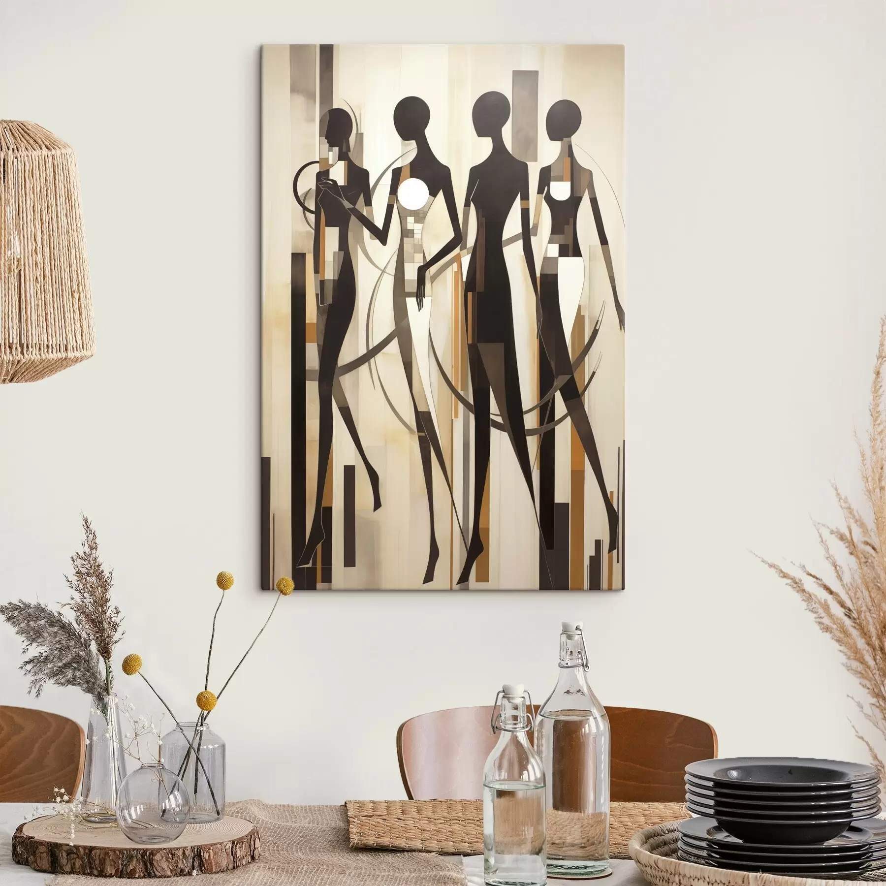 carta da parati Figure femminili stilizzate con elementi geometrici su uno sfondo astratto di linee verticali nr. s47423