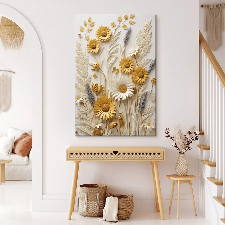 carta da parati Una collezione materica di margherite gialle e bianche con erbe secche e rametti di lavanda su sfondo bianco nr. s47430