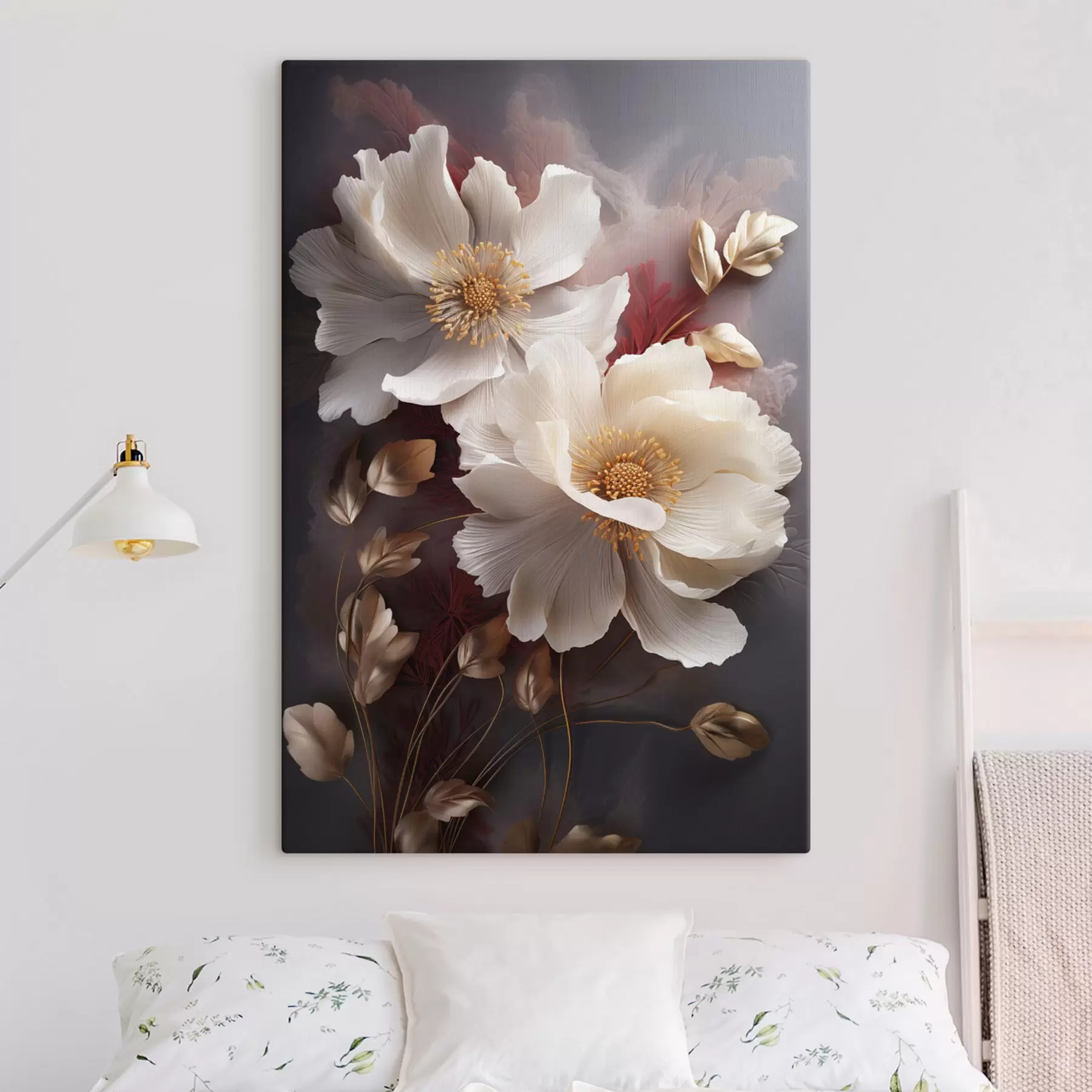 carta da parati Delicate peonie con petali sottili e vaporosi, circondate da foglie rosso scuro e gialle su uno sfondo astratto. nr. s47435