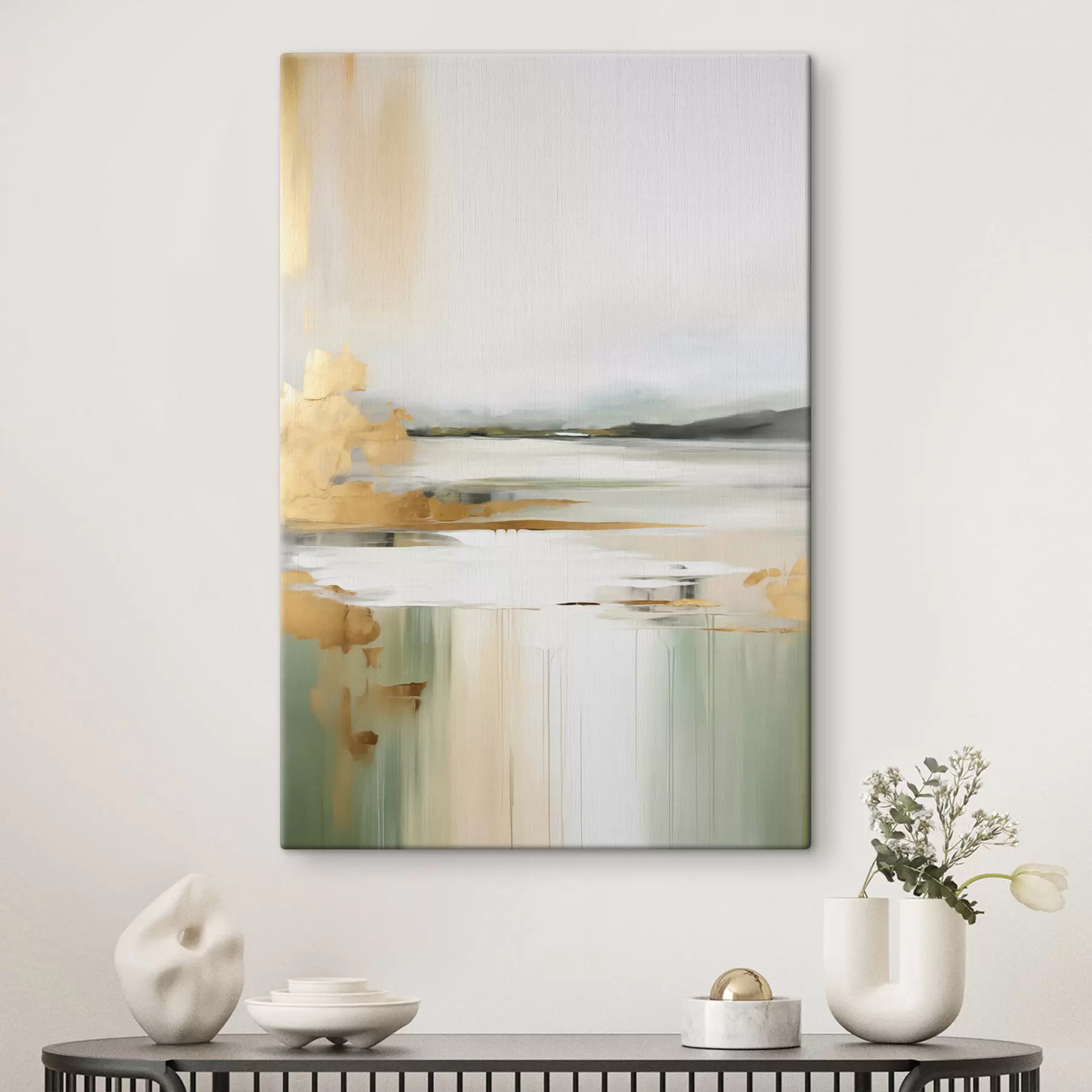 carta da parati Paesaggio astratto con tonalità gialle e verdi, acqua che riflette il cielo e le montagne lontane, cielo pallido e nebbioso nr. s47438