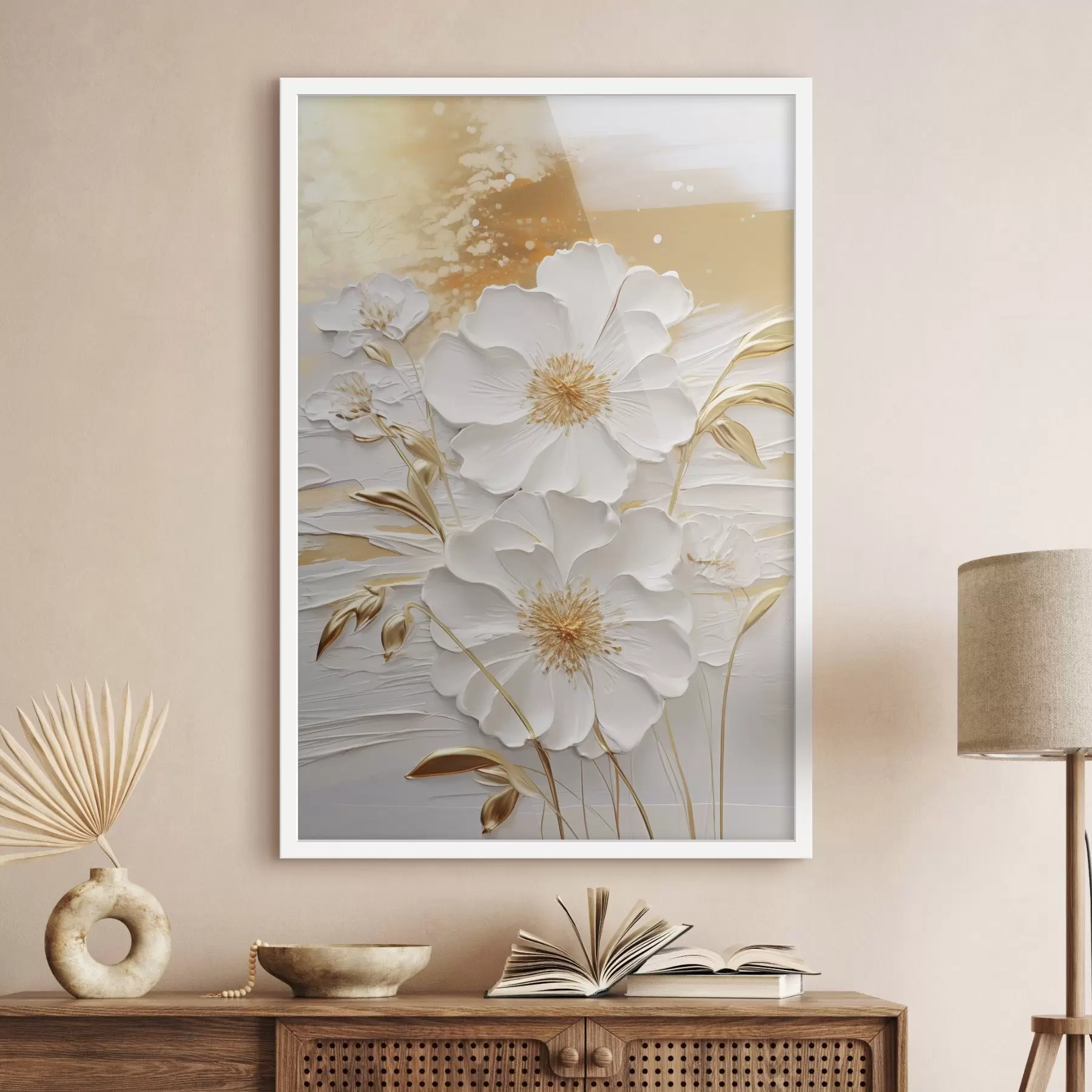 carta da parati Fiori bianchi con accenti gialli e foglie delicate su uno sfondo strutturato, arte moderna nr. f47415