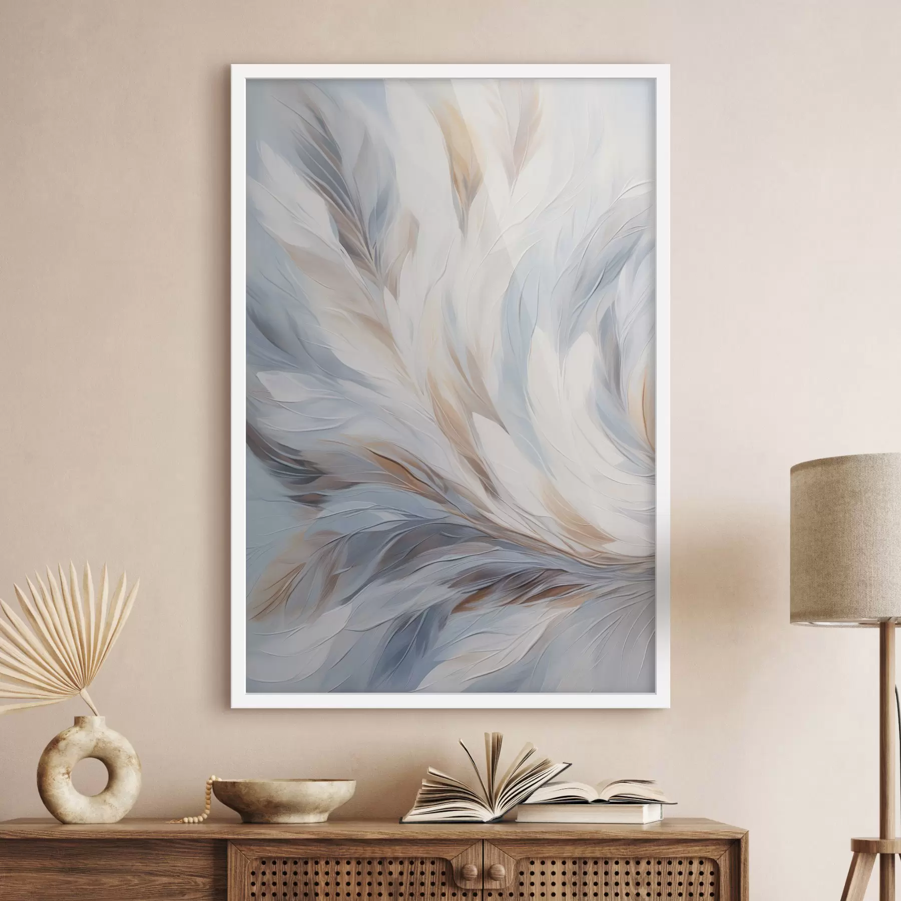 carta da parati Dipinto astratto di piume nei toni del bianco, blu e marrone, con una texture morbida e fluida e uno sfondo chiaro. nr. f47417