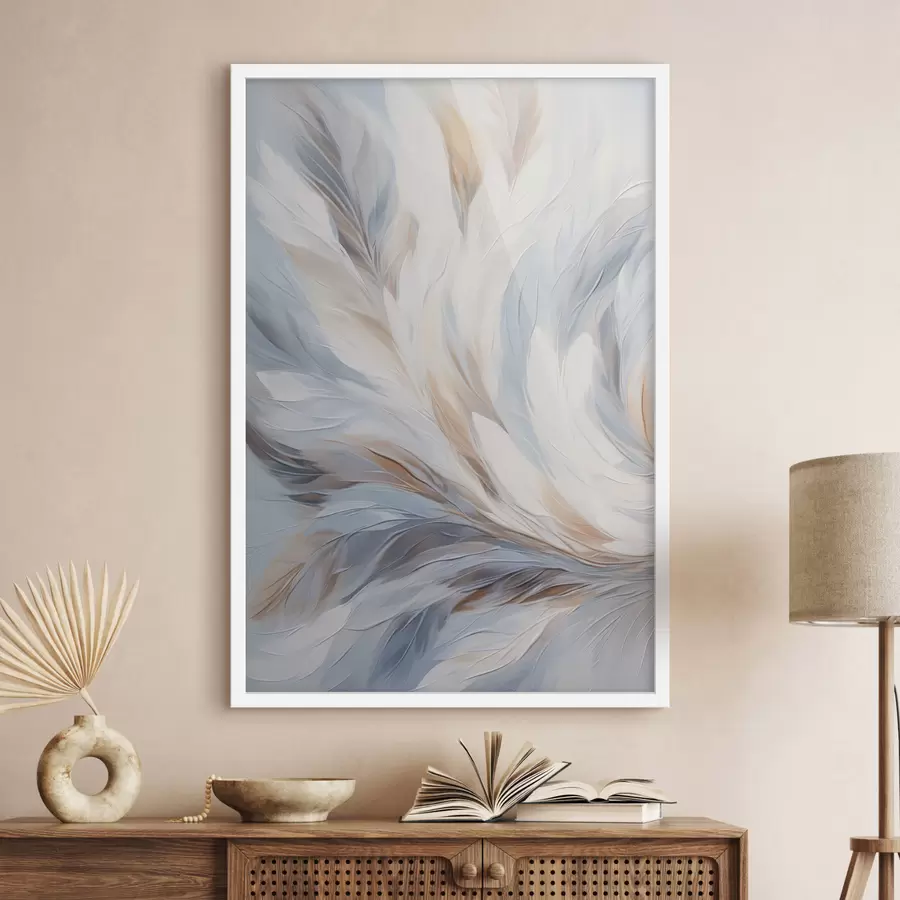carta da parati Dipinto astratto di piume nei toni del bianco, blu e marrone, con una texture morbida e fluida e uno sfondo chiaro. nr. f47417