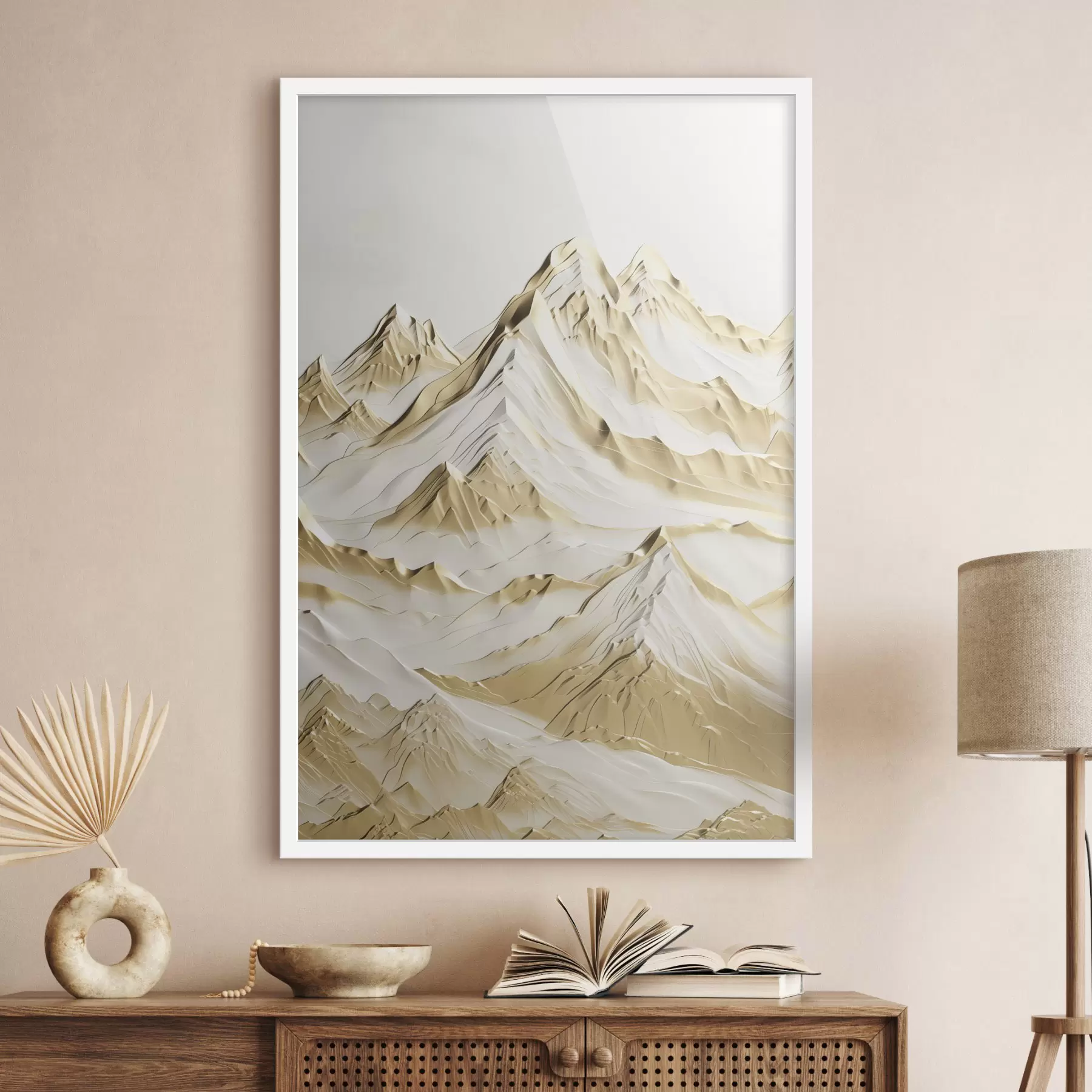 carta da parati Un paesaggio di montagne innevate di colore giallo con cime aguzze e valli profonde sotto un cielo luminoso nr. f47420