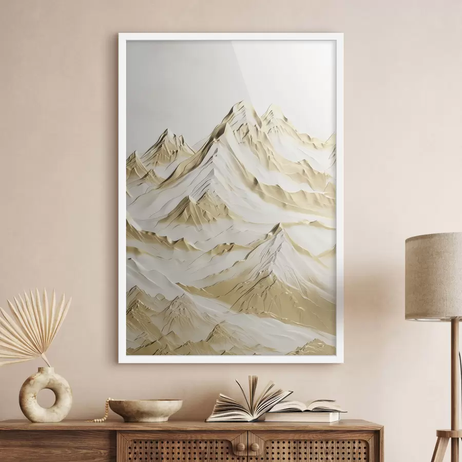 carta da parati Un paesaggio di montagne innevate di colore giallo con cime aguzze e valli profonde sotto un cielo luminoso nr. f47420