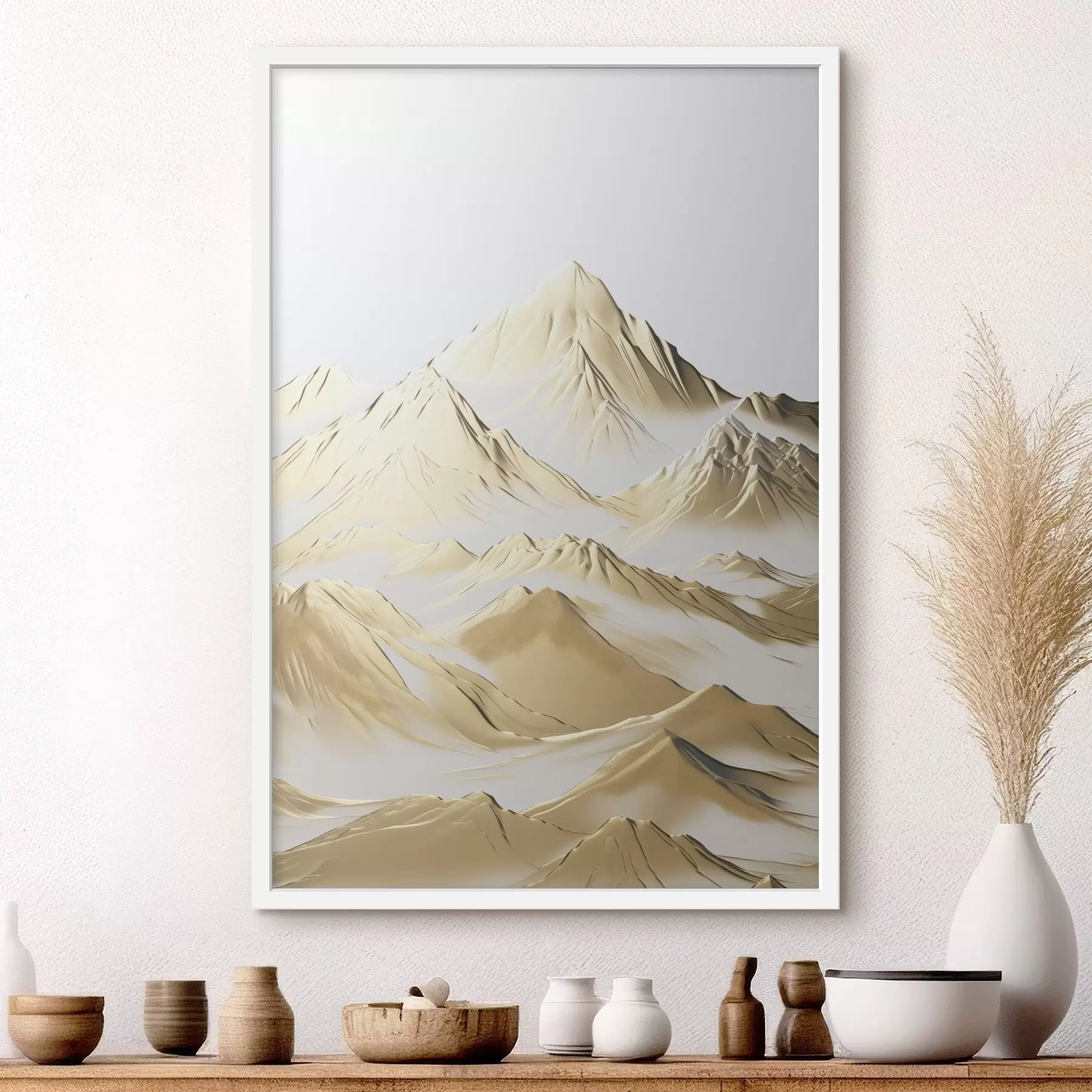 carta da parati Un paesaggio di montagne innevate di colore giallo con cime aguzze e valli profonde sotto un cielo luminoso nr. f47421