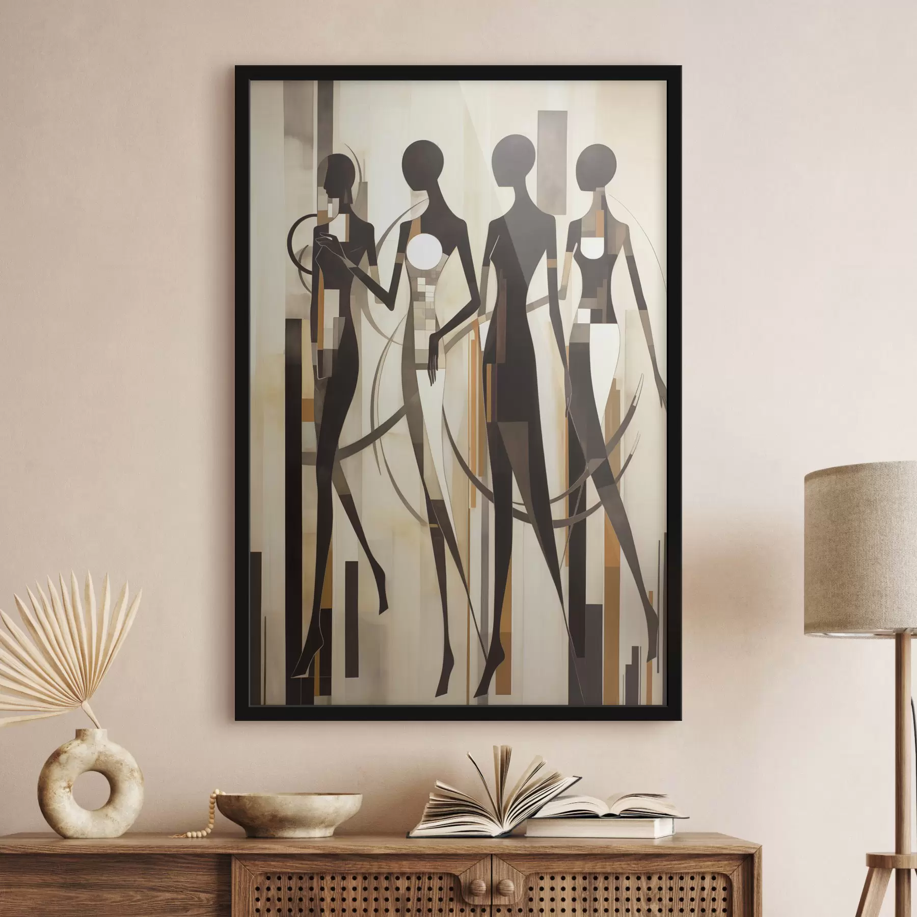 carta da parati Figure femminili stilizzate con elementi geometrici su uno sfondo astratto di linee verticali nr. f47423