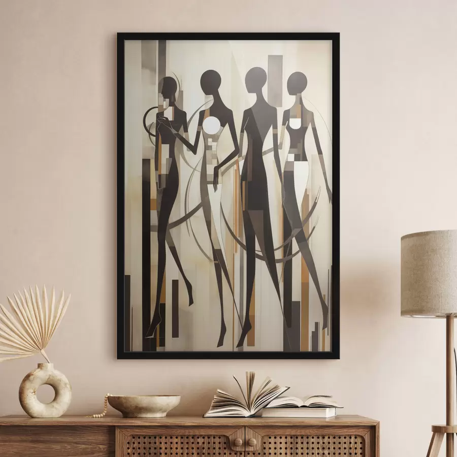 carta da parati Figure femminili stilizzate con elementi geometrici su uno sfondo astratto di linee verticali nr. f47423